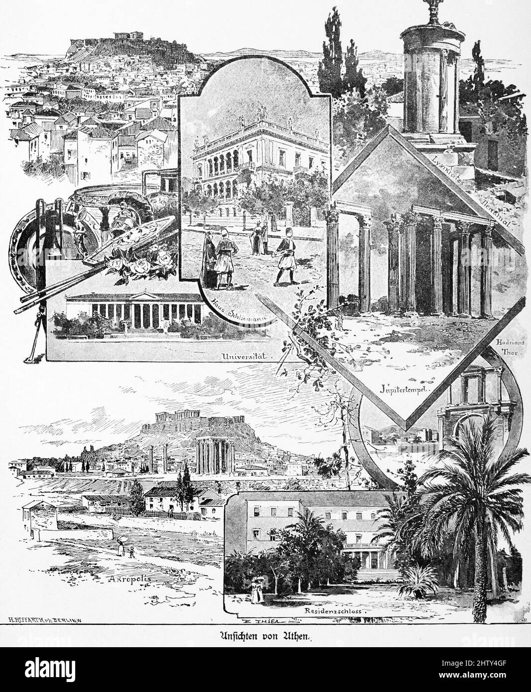 Various sights, Temple of Jupiter, House of Schliemann, University, Acropolis, Castle, historical illustration 1897, Athens, Greece Stock Photo