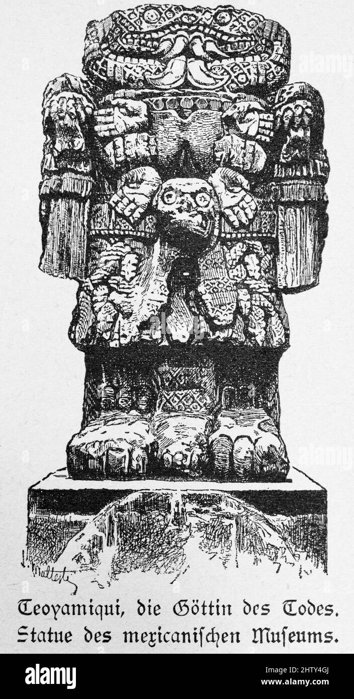 Teoyamiqui, goddess of death, deity, Mayan statue, from front, decorations, historical illustration from 1897, Mexico City, Mexico, Central America Stock Photo