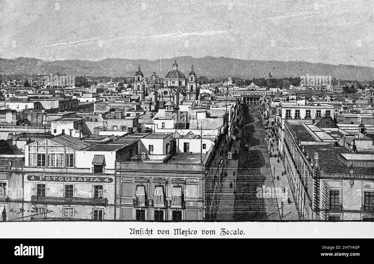 City view, from above, church, street, mountains, historical illustration from 1897, Mexico City, Mexico, Central America Stock Photo