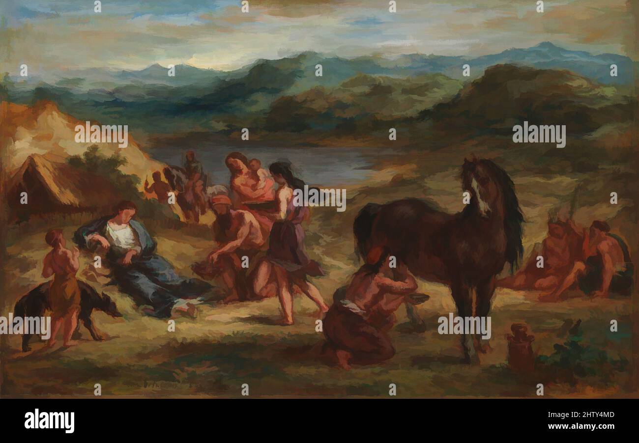 Art inspired by Ovid among the Scythians, 1862, Oil on paper, laid down on wood, 12 5/8 x 19 3/4 in. (32.1 x 50.2 cm), Paintings, Eugène Delacroix (French, Charenton-Saint-Maurice 1798–1863 Paris), This is the final work Delacroix devoted to a theme that had first attracted him in 1835, Classic works modernized by Artotop with a splash of modernity. Shapes, color and value, eye-catching visual impact on art. Emotions through freedom of artworks in a contemporary way. A timeless message pursuing a wildly creative new direction. Artists turning to the digital medium and creating the Artotop NFT Stock Photo