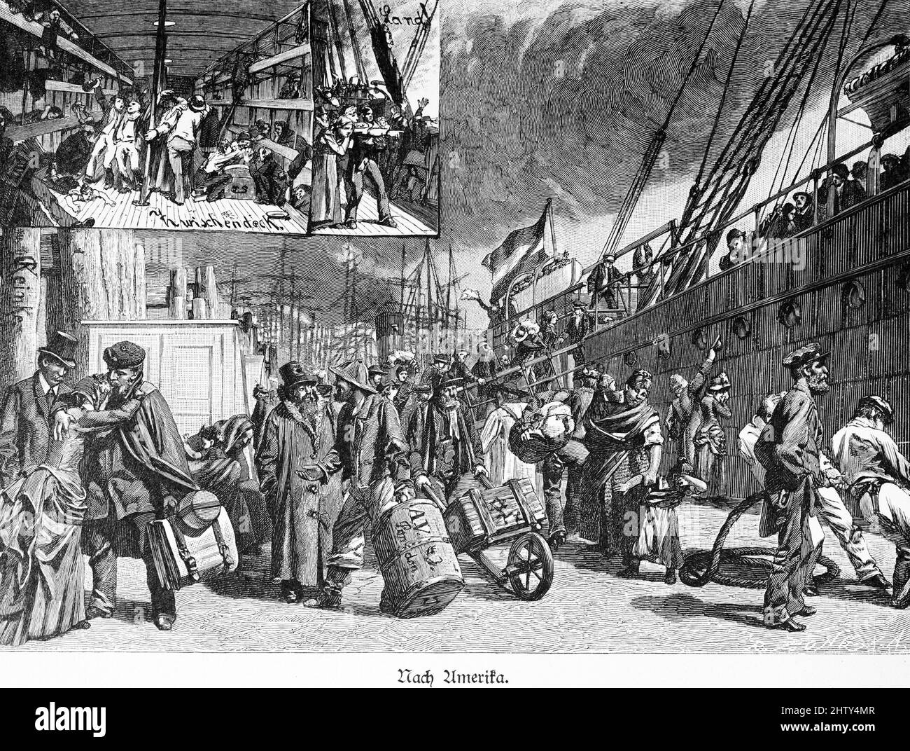 Emigrants German emigrants to America, harbour, quay, steamer, many people ...
