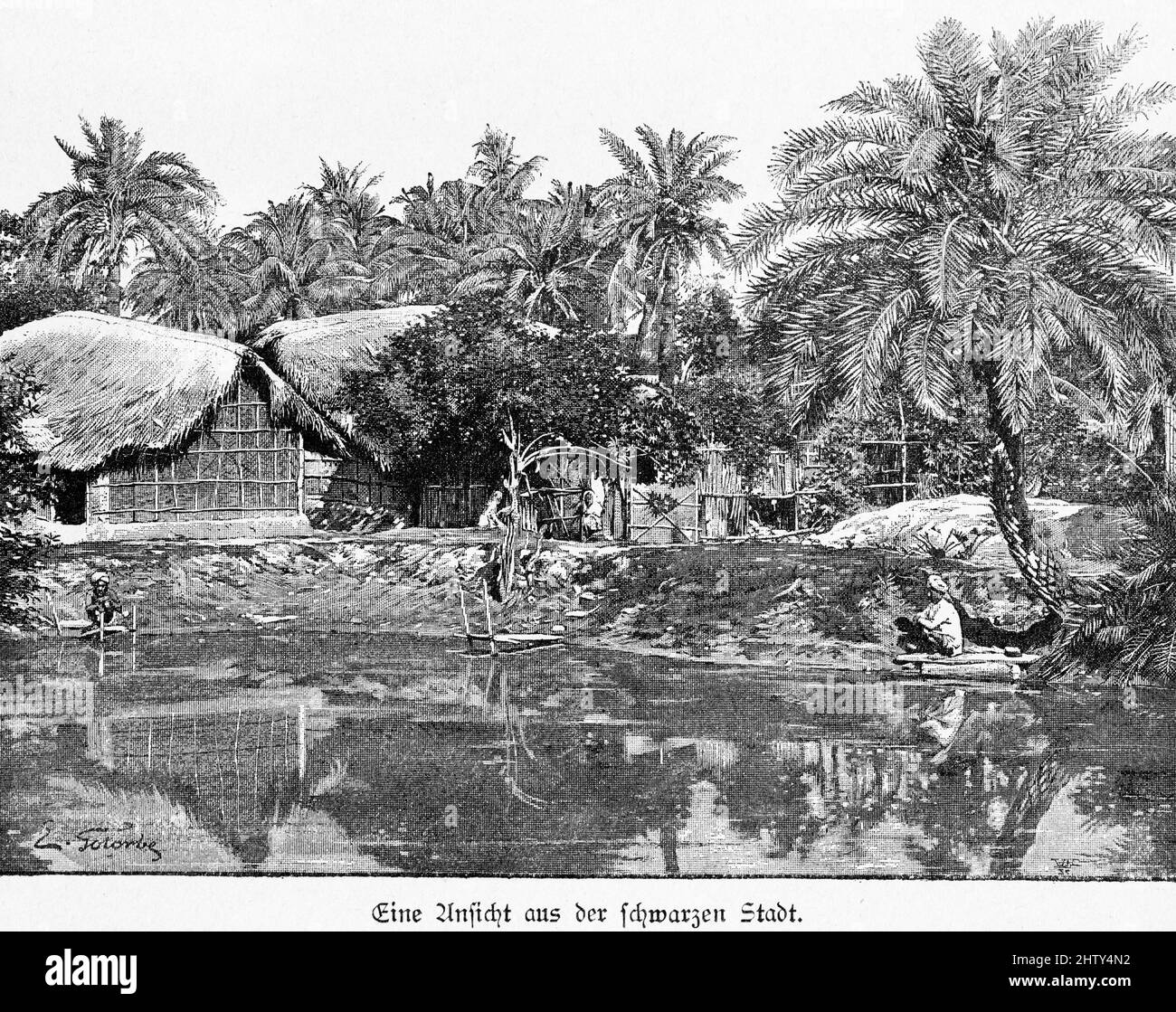 Black town, pond, houses, huts, palms, tropics, garden, thatched roof, water, reflection, historical illustration from 1897, Calcutta, India Stock Photo