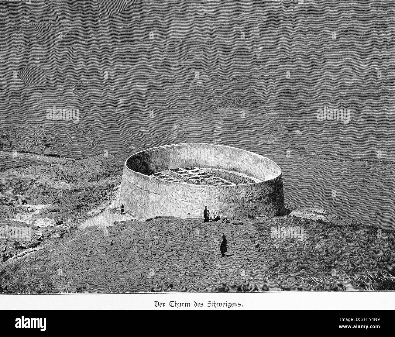 Tower of Silence, circle, wall, historical illustration from 1897 ...