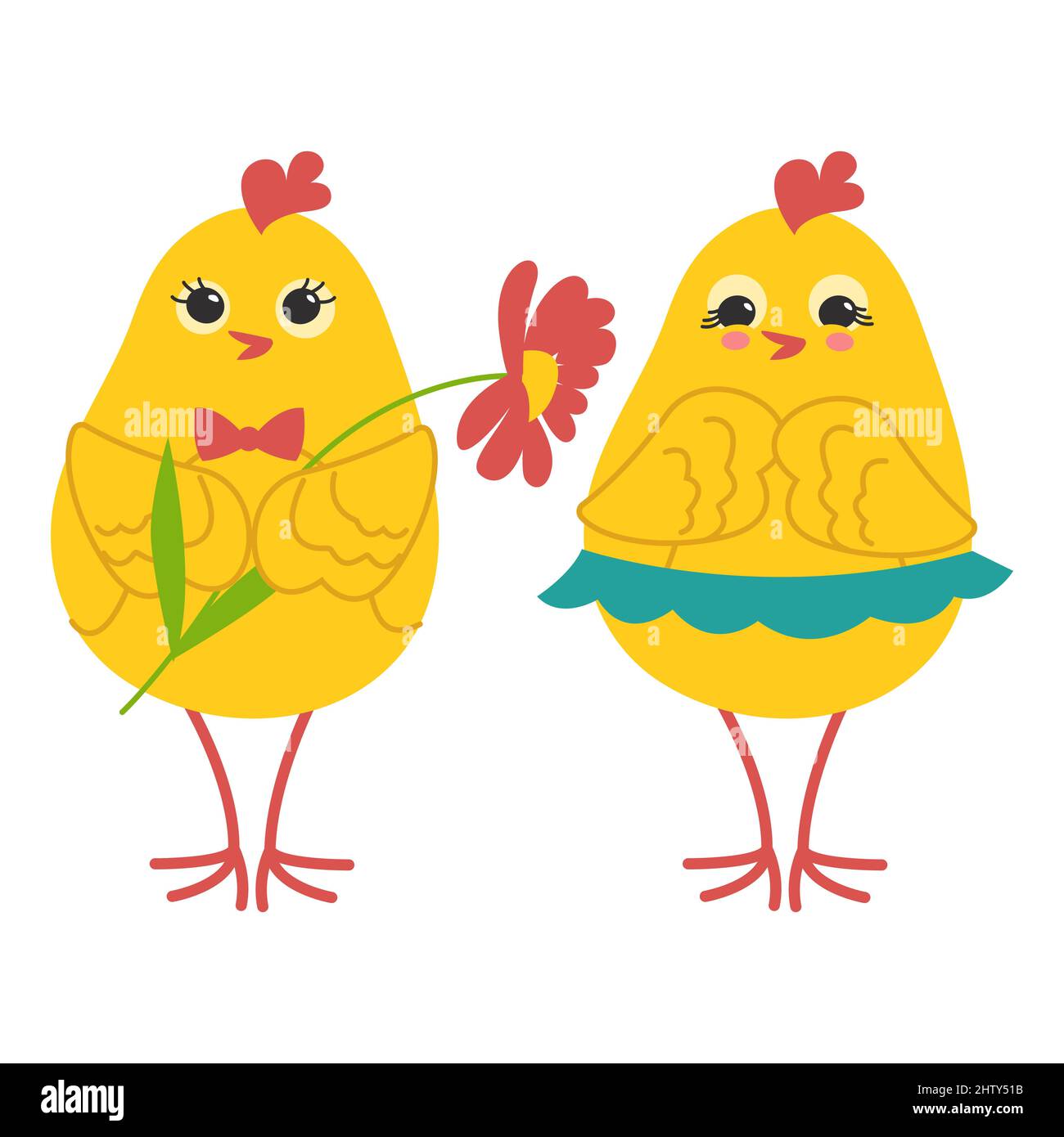 Two cute yellow chicks romantic couple. Vector illustration Stock Vector