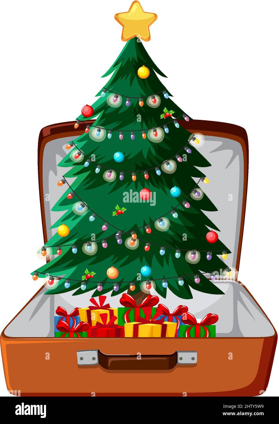 Christmas theme with Christmas tree in a luggage on white background