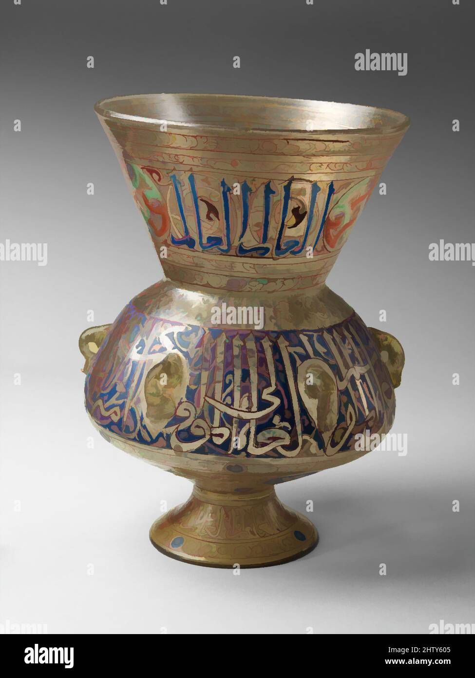 Art inspired by Mosque Lamp, 14th century, Attributed to Egypt or Syria, Glass, colorless with yellow tinge; blown, applied blown foot, enameled and gilded, H. 12 1/2 in. (31.8 cm), Glass, One of the conventions of Mamluk mosque lamp decoration was to execute one inscription band in, Classic works modernized by Artotop with a splash of modernity. Shapes, color and value, eye-catching visual impact on art. Emotions through freedom of artworks in a contemporary way. A timeless message pursuing a wildly creative new direction. Artists turning to the digital medium and creating the Artotop NFT Stock Photo