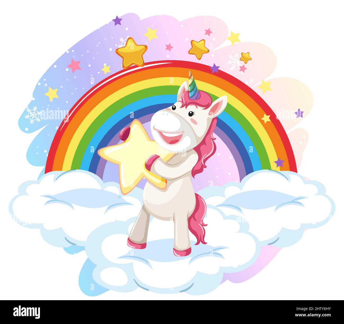 Cute unicorn sitting on a cloud with rainbow illustration Stock Vector ...