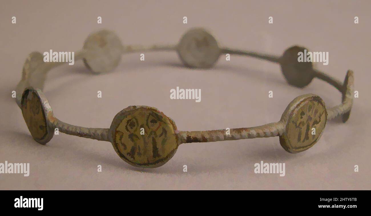 Art inspired by Bracelet with Holy Figures, 5th–7th century, Found Egypt, Maghagha, Iron; inlaid with copper disks, Diam. 3 1/8 in. (7.9 cm), Jewelry, This popular bracelet type often included an invocation for the protection of the wearer. Here eight medallions show angels and holy, Classic works modernized by Artotop with a splash of modernity. Shapes, color and value, eye-catching visual impact on art. Emotions through freedom of artworks in a contemporary way. A timeless message pursuing a wildly creative new direction. Artists turning to the digital medium and creating the Artotop NFT Stock Photo