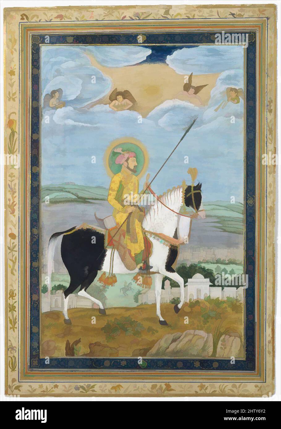 Art inspired by Portrait of Shah Jahan on Horseback, 17th century, Attributed to India, Ink, opaque watercolor, and gold on paper, Image 8 3/8 in x 12 3/8 in., Codices, Classic works modernized by Artotop with a splash of modernity. Shapes, color and value, eye-catching visual impact on art. Emotions through freedom of artworks in a contemporary way. A timeless message pursuing a wildly creative new direction. Artists turning to the digital medium and creating the Artotop NFT Stock Photo