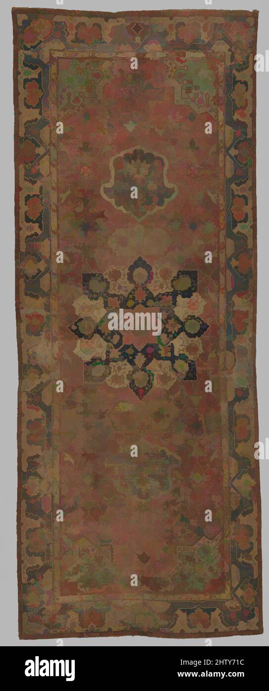 Art inspired by Carpet, 16th century, Attributed to Northern Iran, Cotton (warp and weft), wool (pile); asymmetrically knotted pile, Rug: L. 273 in. (693.4 cm), Textiles-Rugs, Classic works modernized by Artotop with a splash of modernity. Shapes, color and value, eye-catching visual impact on art. Emotions through freedom of artworks in a contemporary way. A timeless message pursuing a wildly creative new direction. Artists turning to the digital medium and creating the Artotop NFT Stock Photo