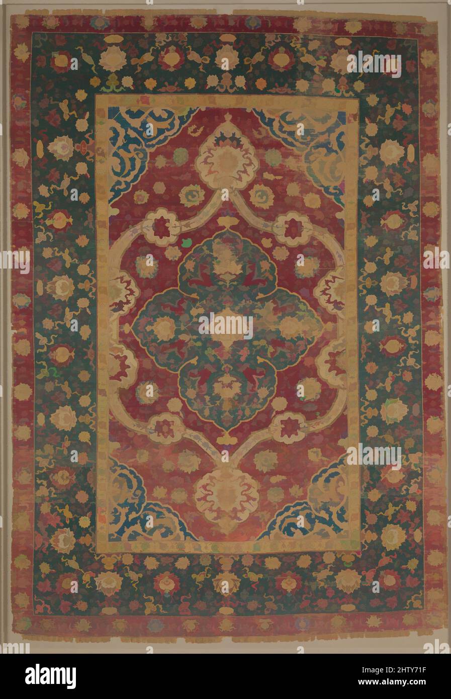 Art inspired by Silk Kashan Carpet, 16th century, Made in Iran, probably Kashan, Silk (warp, weft and pile); asymmetrically knotted pile, Rug: L. 96 in. (243.8 cm), Textiles-Rugs, This carpet was possibly woven in Kashan, an important center for silk trade and carpet manufacture during, Classic works modernized by Artotop with a splash of modernity. Shapes, color and value, eye-catching visual impact on art. Emotions through freedom of artworks in a contemporary way. A timeless message pursuing a wildly creative new direction. Artists turning to the digital medium and creating the Artotop NFT Stock Photo