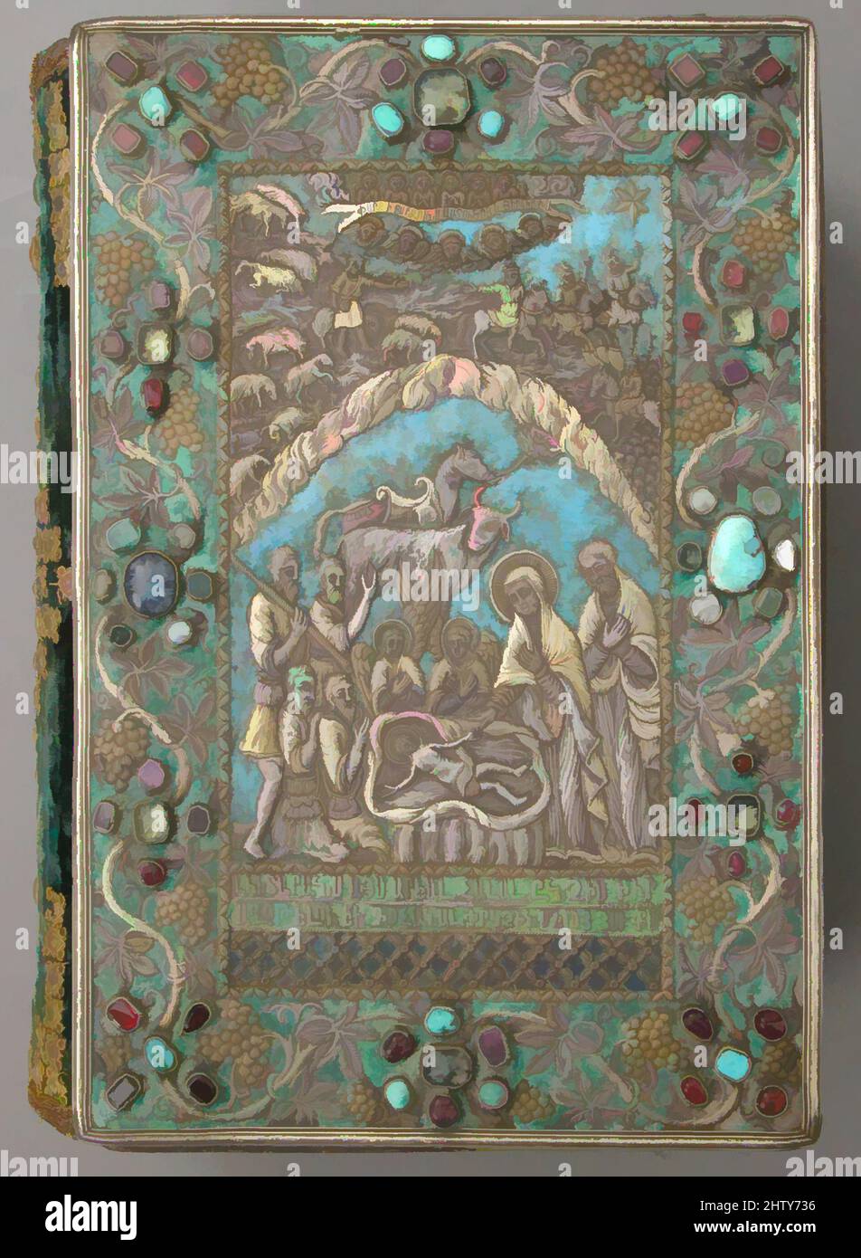 Art inspired by Gospel with Silver Cover, 13th and 17th century, Made in present-day Turkey, Kayseri, Ink and tempera on parchment, Pages: H. 10 in. (25.4 cm), Codices, These jeweled, enameled, and gilt-silver repoussé covers for a gospel are examples of the work produced in the late, Classic works modernized by Artotop with a splash of modernity. Shapes, color and value, eye-catching visual impact on art. Emotions through freedom of artworks in a contemporary way. A timeless message pursuing a wildly creative new direction. Artists turning to the digital medium and creating the Artotop NFT Stock Photo