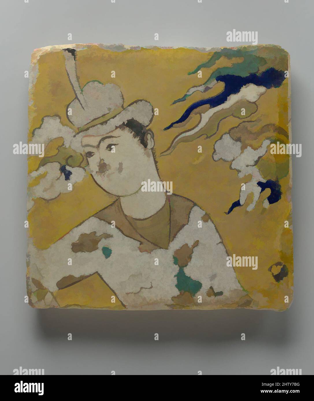 Art inspired by Tile, second half 17th century, Attributed to Iran, Stonepaste; polychrome glaze within black wax resist outlines (cuerda seca technique), H. 8 5/8 in. (21.8 cm), Ceramics-Tiles, This tile, depicting a male youth with delicate features, would originally have been part, Classic works modernized by Artotop with a splash of modernity. Shapes, color and value, eye-catching visual impact on art. Emotions through freedom of artworks in a contemporary way. A timeless message pursuing a wildly creative new direction. Artists turning to the digital medium and creating the Artotop NFT Stock Photo