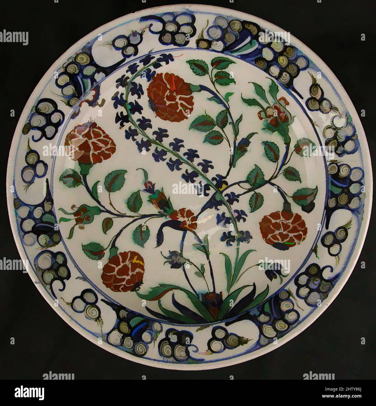 Art inspired by Dish, early 17th century, Made in Turkey, Iznik, Stonepaste; polychrome painted under a transparent glaze, H. 2 3/8 in. (6 cm), Ceramics, Classic works modernized by Artotop with a splash of modernity. Shapes, color and value, eye-catching visual impact on art. Emotions through freedom of artworks in a contemporary way. A timeless message pursuing a wildly creative new direction. Artists turning to the digital medium and creating the Artotop NFT Stock Photo