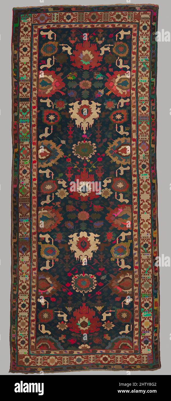 Art inspired by Carpet, early 19th century, Attributed to Azerbaijan, Shirvan, Wool (warp, weft and pile); symmetrically knotted pile, H. 155 3/4 in. (395.6 cm), Textiles-Rugs, Classic works modernized by Artotop with a splash of modernity. Shapes, color and value, eye-catching visual impact on art. Emotions through freedom of artworks in a contemporary way. A timeless message pursuing a wildly creative new direction. Artists turning to the digital medium and creating the Artotop NFT Stock Photo