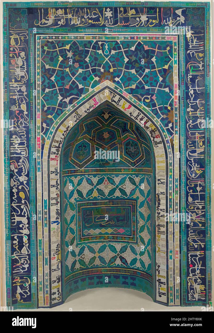 Art inspired by Mihrab (Prayer Niche), A.H. 755/A.D. 1354–55, From Iran, Isfahan, Mosaic of polychrome-glazed cut tiles on stonepaste body; set into mortar, 135 1/16 x 113 11/16in. (343.1 x 288.7cm), Ceramics, Arabic Inscription (on the outer border in thuluth script) Qur'an 9:18-22, Classic works modernized by Artotop with a splash of modernity. Shapes, color and value, eye-catching visual impact on art. Emotions through freedom of artworks in a contemporary way. A timeless message pursuing a wildly creative new direction. Artists turning to the digital medium and creating the Artotop NFT Stock Photo
