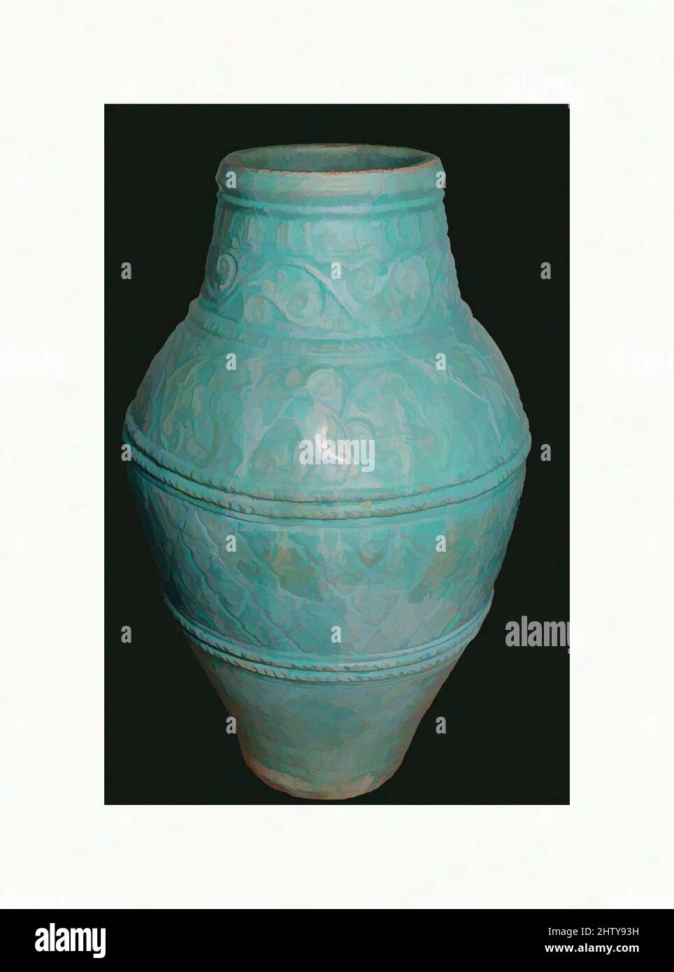 Art inspired by Large Turquoise Jar, 12th–13th century, Made in Iran, Earthenware; molded and glazed, H. 31 1/2 in. (80 cm), Ceramics, This large earthenware jar holds four registers of molded decoration containing motifs typical of the Seljuq period, including winged griffins set, Classic works modernized by Artotop with a splash of modernity. Shapes, color and value, eye-catching visual impact on art. Emotions through freedom of artworks in a contemporary way. A timeless message pursuing a wildly creative new direction. Artists turning to the digital medium and creating the Artotop NFT Stock Photo