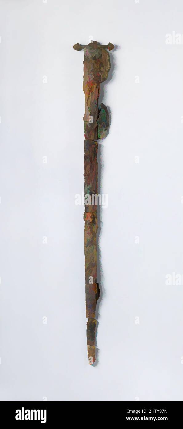 Art inspired by Sword, 9th century, Excavated in Iran, Nishapur, Iron, wood, gilded bronze, 1 3/8 x 28 1/8 in. (3.5 x 71.5 cm), Arms and Armor, This sword has an iron blade and was adorned with gilt-bronze elements on the cross guard and quillon. Parts of its wooden scabbard remain, Classic works modernized by Artotop with a splash of modernity. Shapes, color and value, eye-catching visual impact on art. Emotions through freedom of artworks in a contemporary way. A timeless message pursuing a wildly creative new direction. Artists turning to the digital medium and creating the Artotop NFT Stock Photo