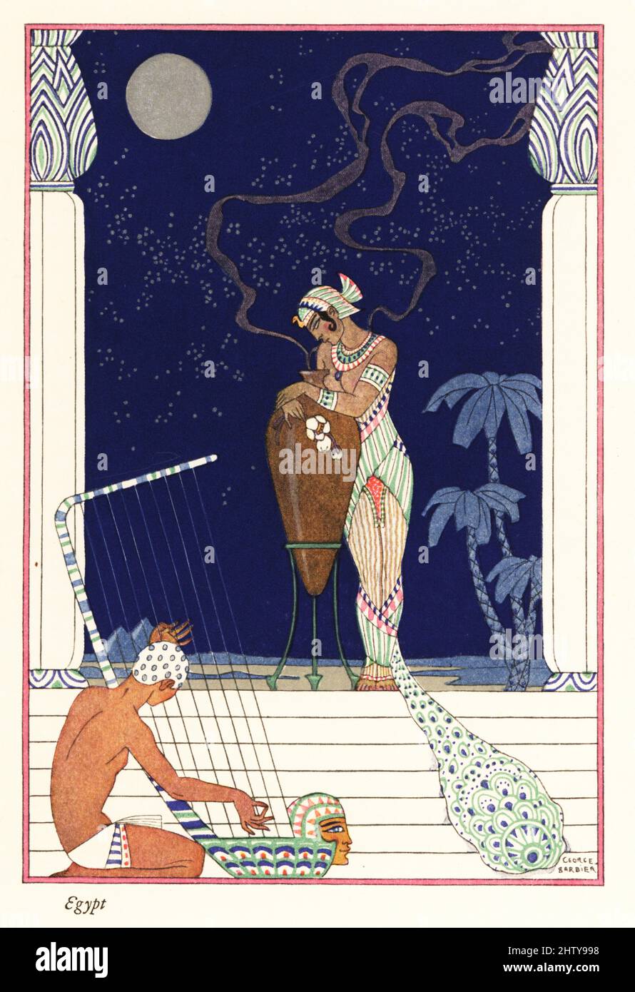 A queen stands smelling fragrance burnt in a large amphora, ancient Egypt. A musician plays the harp in the moonlight. Smithsonian-process colour print after Art Deco master George Barbier from Richard le Gallienne’s Romance of Perfume, Hudnut, New York, 1928. Stock Photo
