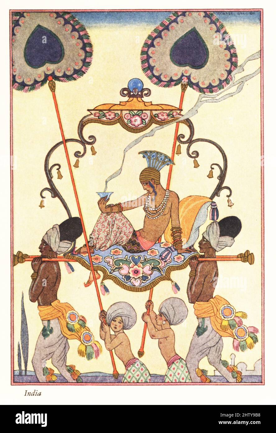 A noble woman burns incense while being carried on a palanquin, ancient India. Two punkhawallahs in turbans wave large fans to keep her cool. Smithsonian-process colour print after Art Deco master George Barbier from Richard le Gallienne’s Romance of Perfume, Hudnut, New York, 1928. Stock Photo
