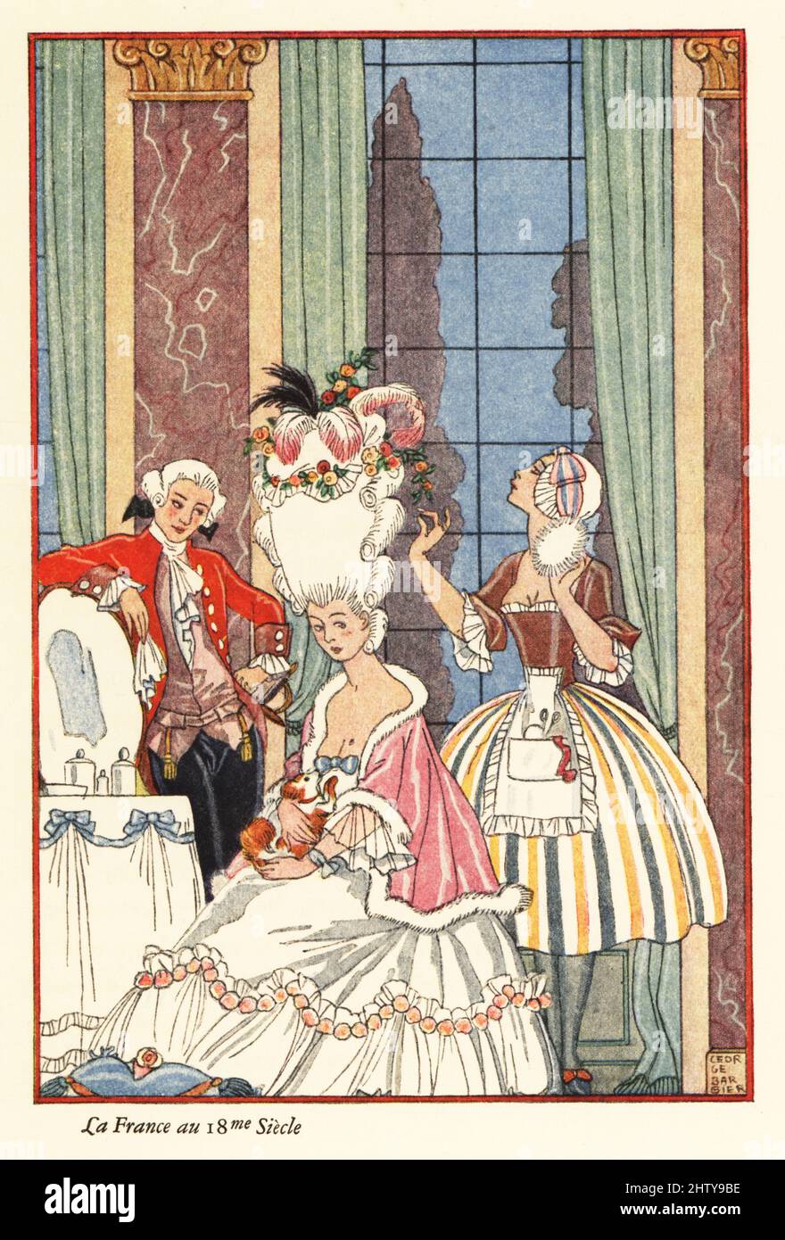 A noble woman at her toilette in the era of Marie Antoinette, 18th century France. A hairdresser with a powder puff fixes the woman's huge pouffe hair-do. The woman sits holding a lap dog. La France au 18me Siecle. Smithsonian-process colour print after Art Deco master George Barbier from Richard le Gallienne’s Romance of Perfume, Hudnut, New York, 1928. Stock Photo