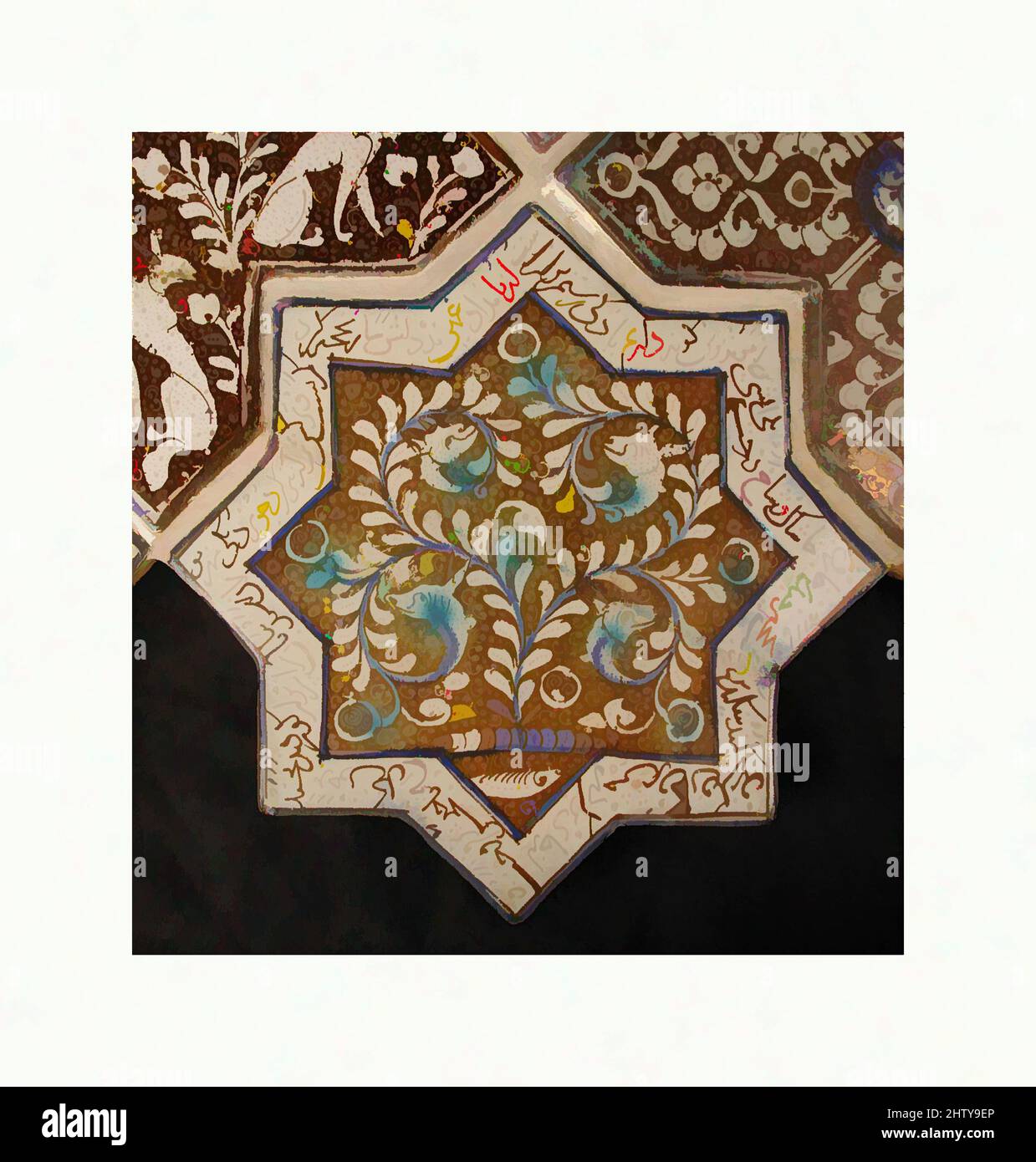 Art inspired by Star-Shaped Tile, 13th–14th century, Made in Iran, probably Kashan, Stonepaste; inglaze painted in blue and turquoise and luster-painted on opaque white glaze, 8 in. (20.3 cm), Ceramics-Tiles, This eight-pointed star tile was once part of a panel of star- and cross-, Classic works modernized by Artotop with a splash of modernity. Shapes, color and value, eye-catching visual impact on art. Emotions through freedom of artworks in a contemporary way. A timeless message pursuing a wildly creative new direction. Artists turning to the digital medium and creating the Artotop NFT Stock Photo