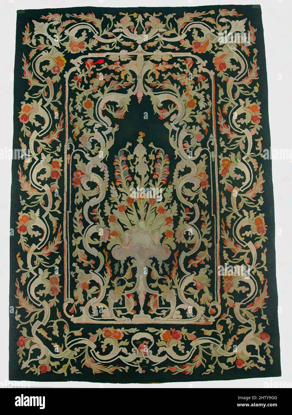 Art inspired by Hanging, 18th century, Attributed to Syria, Damascus, Wool; design in wool applique outlined in silk, broken scrolls in silver thread couched in brickwork pattern; lining of brown satin., H. 70 in. (177.8 cm), Textiles-Embroidered, Classic works modernized by Artotop with a splash of modernity. Shapes, color and value, eye-catching visual impact on art. Emotions through freedom of artworks in a contemporary way. A timeless message pursuing a wildly creative new direction. Artists turning to the digital medium and creating the Artotop NFT Stock Photo