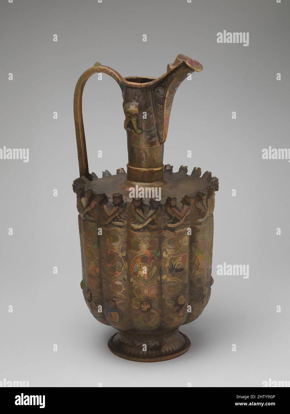 Art inspired by Ewer, ca. 1180–1210, Attributed to Iran or Afghanistan, Khurasan or Herat, Brass; raised, repoussé, inlaid with silver and a black compound, H. 15 3/4 in. (40 cm), Metal, This ewer comes from a group of silver-inlaid brass vessels of similar shape and size decorated, Classic works modernized by Artotop with a splash of modernity. Shapes, color and value, eye-catching visual impact on art. Emotions through freedom of artworks in a contemporary way. A timeless message pursuing a wildly creative new direction. Artists turning to the digital medium and creating the Artotop NFT Stock Photo