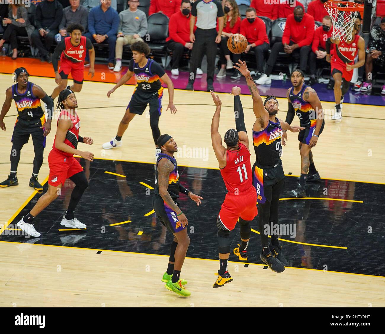 Phoenix, United States Of America. 02nd Mar, 2022. Phoenix, Arizona, March  2nd 2022: JaVale McGee (#00 Phoenix Suns) Blocks a shot during the National  Basketball Association game between the Portland Trail Blazers