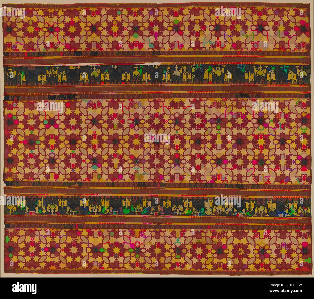 Art inspired by Textile Fragment, 14th–15th century, Attributed to Spain or North Africa, Silk; lampas, Textile: H. 29 3/4 in. (75.6 cm), Textiles-Woven, Geometric compositions predominate silk textiles of Nasrid Spain (1232–1492) and the contemporaneous Marinid Dynasty (1269–1465) of, Classic works modernized by Artotop with a splash of modernity. Shapes, color and value, eye-catching visual impact on art. Emotions through freedom of artworks in a contemporary way. A timeless message pursuing a wildly creative new direction. Artists turning to the digital medium and creating the Artotop NFT Stock Photo