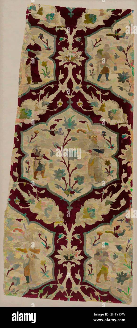 Art inspired by Velvet with Figural Imagery, mid-16th century, Attributed to Iran, Silk, metal wrapped thread; cut and voided velvet, Textile: L. 31 in. (78.7 cm), Textiles, Textiles of the Safavid period demonstrate the technical mastery of the weavers as well as their strong, Classic works modernized by Artotop with a splash of modernity. Shapes, color and value, eye-catching visual impact on art. Emotions through freedom of artworks in a contemporary way. A timeless message pursuing a wildly creative new direction. Artists turning to the digital medium and creating the Artotop NFT Stock Photo