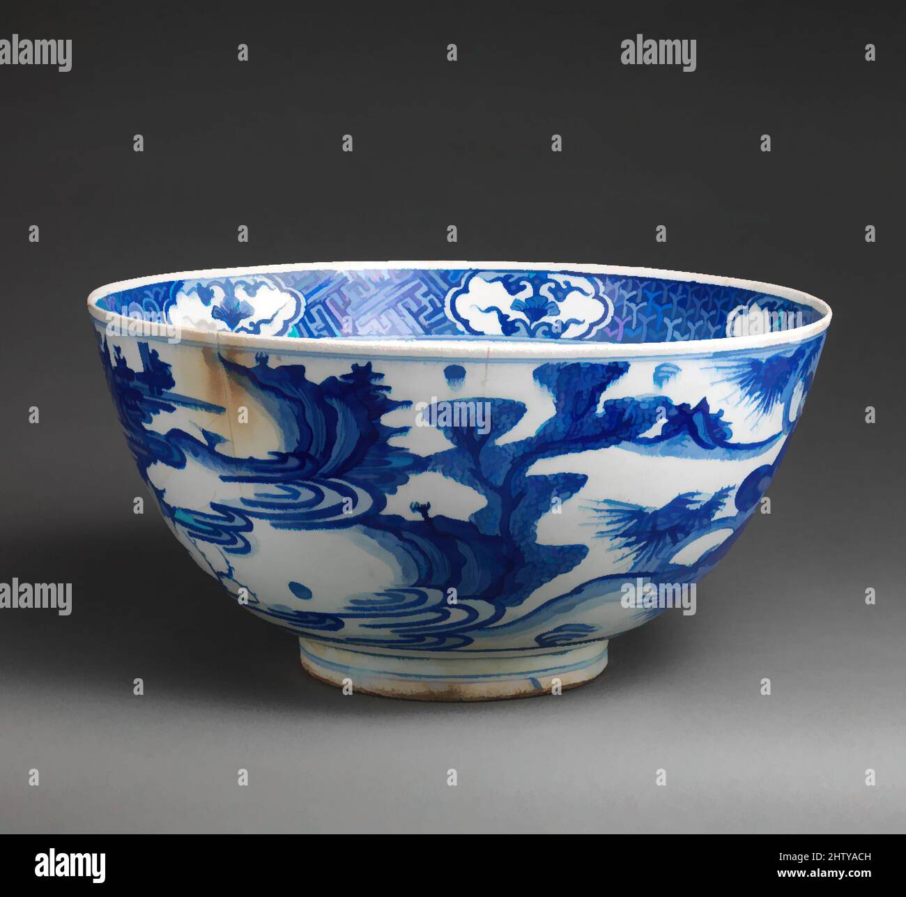 Art inspired by Imitation Blue-and-white Bowl, 17th century, Made in Iran, possibly Mashhad, Stonepaste; painted in blue under transparent glaze, 7 1/2 x 14 1/4 in. (19.1 x 36.2 cm), Ceramics, Like so many ceramics produced in Iran during the Safavid period, the style and decoration of, Classic works modernized by Artotop with a splash of modernity. Shapes, color and value, eye-catching visual impact on art. Emotions through freedom of artworks in a contemporary way. A timeless message pursuing a wildly creative new direction. Artists turning to the digital medium and creating the Artotop NFT Stock Photo