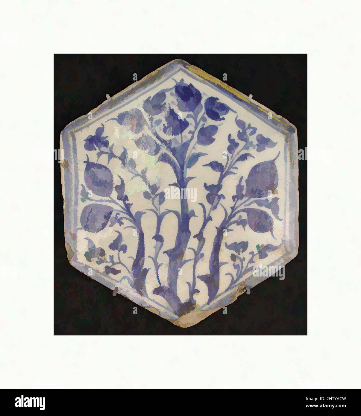 Art inspired by Hexagonal Tile, second half 15th century, Attributed to Egypt, Stonepaste; underglaze painted, Ceramics-Tiles, The design of this tile was strongly influenced by Chinese models, in both composition and color. The Egyptian taste for blue-and-white botanical designs was, Classic works modernized by Artotop with a splash of modernity. Shapes, color and value, eye-catching visual impact on art. Emotions through freedom of artworks in a contemporary way. A timeless message pursuing a wildly creative new direction. Artists turning to the digital medium and creating the Artotop NFT Stock Photo