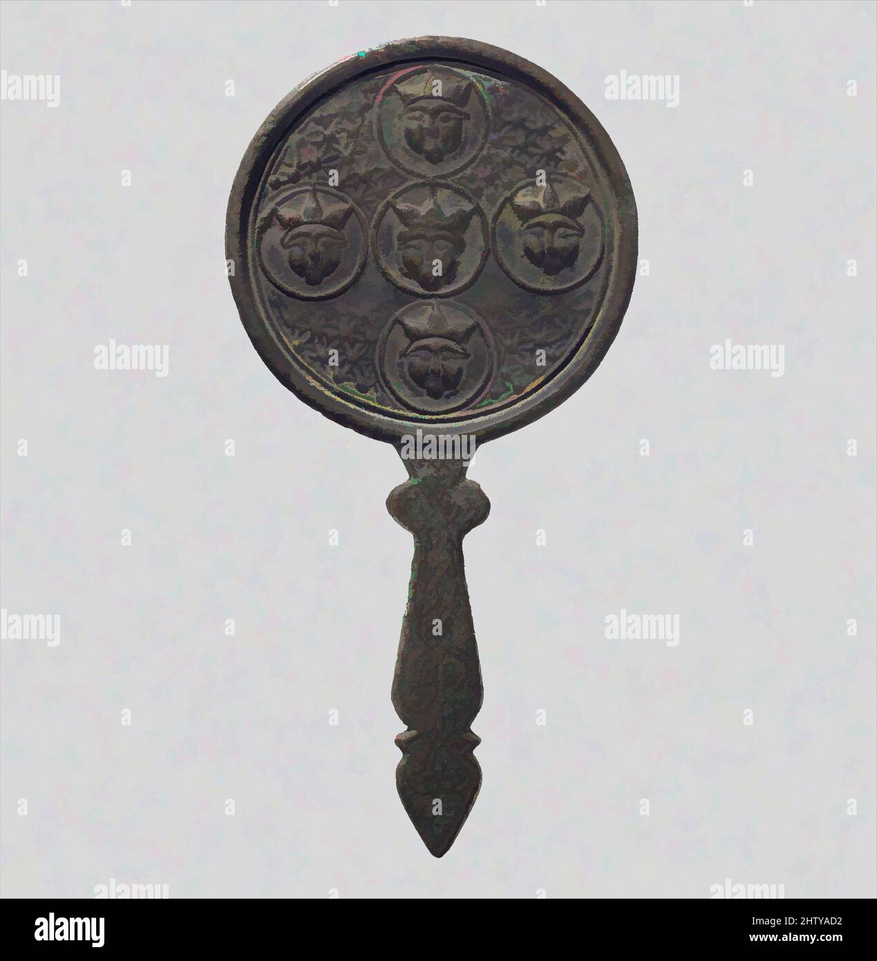 Art inspired by Three Mirrors, 13th century, Attributed to Iran or Central Asia, Bronze; cast, H. 5 15/16 in. (15.08 cm), Metal, Cast bronze mirrors were often used for divination or magical medicine. The polished metallic front provided a reflective surface. Often, the decoration on, Classic works modernized by Artotop with a splash of modernity. Shapes, color and value, eye-catching visual impact on art. Emotions through freedom of artworks in a contemporary way. A timeless message pursuing a wildly creative new direction. Artists turning to the digital medium and creating the Artotop NFT Stock Photo