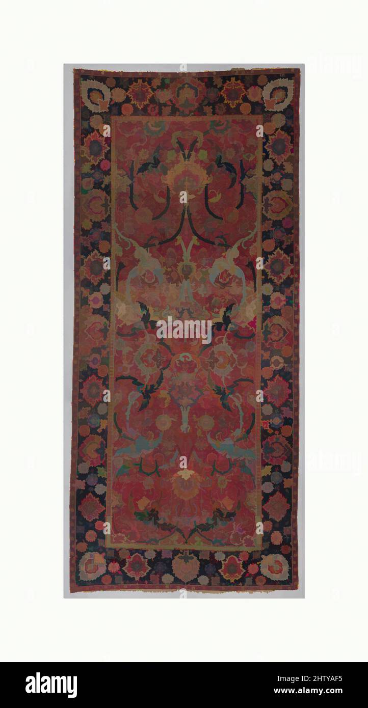 Art inspired by Floral Arabesque Carpet, 17th century, Made in probably Iran, Cotton (warp and weft), wool (pile); asymmetrically knotted pile, Rug: L. 189 in. (209.6 cm), Textiles-Rugs, This floral arabesque carpet belongs to a group previously attributed to both Iran and India. The, Classic works modernized by Artotop with a splash of modernity. Shapes, color and value, eye-catching visual impact on art. Emotions through freedom of artworks in a contemporary way. A timeless message pursuing a wildly creative new direction. Artists turning to the digital medium and creating the Artotop NFT Stock Photo