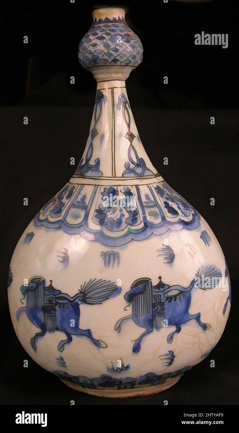 Art inspired by Bottle with Running Quadrupeds, 17th century, Attributed to Iran, Stonepaste; painted in blue under transparent glaze, H. 12 5/16 in. (31.3 cm), Ceramics, Like so many ceramics produced in Iran during the Safavid period, the style and decoration of this dish was an, Classic works modernized by Artotop with a splash of modernity. Shapes, color and value, eye-catching visual impact on art. Emotions through freedom of artworks in a contemporary way. A timeless message pursuing a wildly creative new direction. Artists turning to the digital medium and creating the Artotop NFT Stock Photo