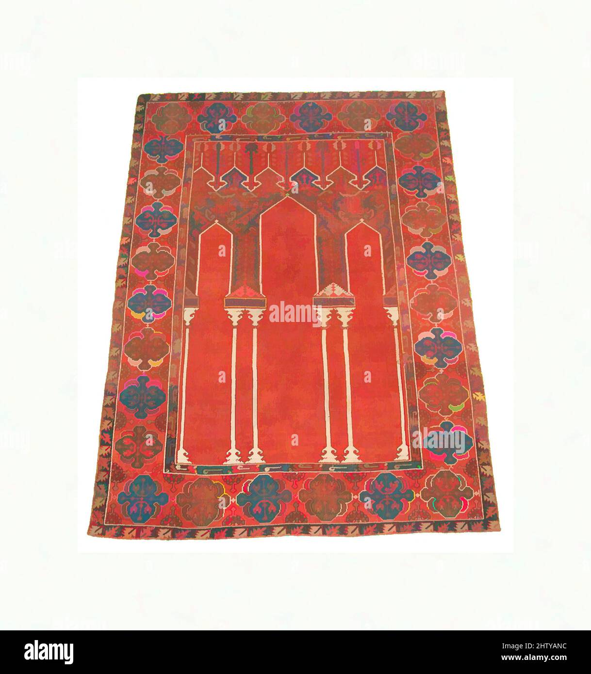 Art inspired by Prayer Rug with Triple Arch Design, 18th century, Attributed to Turkey, Konya, Wool (warp, weft, and pile); symmetrically knotted pile, Rug: L. 62 3/4 in. (159.4 cm), Textiles-Rugs, Prayer rugs or 'seccade' carpets were among the most popular rugs woven in Anatolia, Classic works modernized by Artotop with a splash of modernity. Shapes, color and value, eye-catching visual impact on art. Emotions through freedom of artworks in a contemporary way. A timeless message pursuing a wildly creative new direction. Artists turning to the digital medium and creating the Artotop NFT Stock Photo