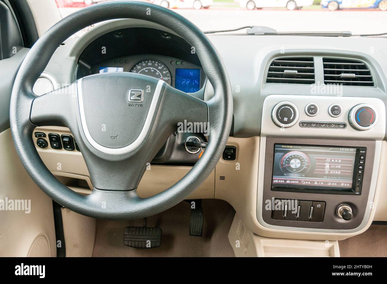 Interior of the Daihatsu Terios based Zotye 5008 EV, an early Chinese EV, photographed at the EV Zone in Anting, Shanghai, China. Stock Photo