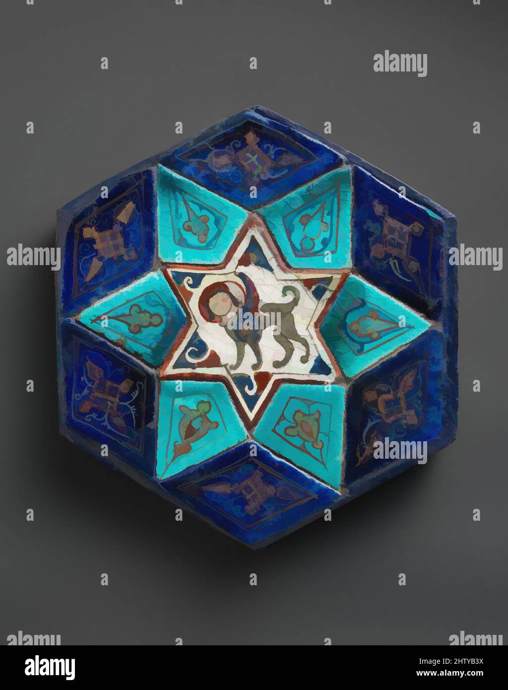 Art inspired by Hexagonal Tile Ensemble with Sphinx, ca. 1160s–70s, From Turkey, Konya, Stonepaste; over- and underglaze-painted, gilded, H. 9 1/4 in. (23.5 cm), Ceramics-Tiles, By the early twentieth century, the two-story Konya Köşk had largely fallen into ruin, but architectural, Classic works modernized by Artotop with a splash of modernity. Shapes, color and value, eye-catching visual impact on art. Emotions through freedom of artworks in a contemporary way. A timeless message pursuing a wildly creative new direction. Artists turning to the digital medium and creating the Artotop NFT Stock Photo