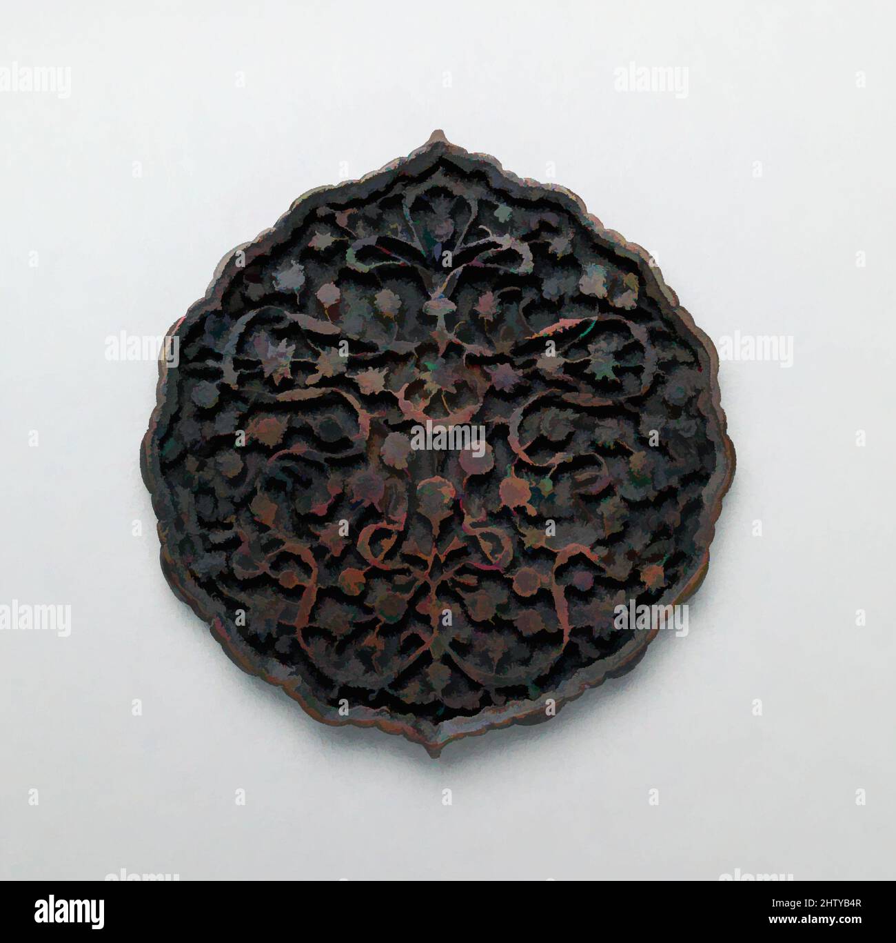 Art inspired by Bookbinding Element, 16th century, Attributed to Iran or Turkey, Copper; cast, Gr. Diam. 1 3/4 in. (4.4 cm), Metal, The size, shape and patterning of this metal plaque echoes the form of medallions which decorate the flap of some bookbindings. It is ornamented with, Classic works modernized by Artotop with a splash of modernity. Shapes, color and value, eye-catching visual impact on art. Emotions through freedom of artworks in a contemporary way. A timeless message pursuing a wildly creative new direction. Artists turning to the digital medium and creating the Artotop NFT Stock Photo