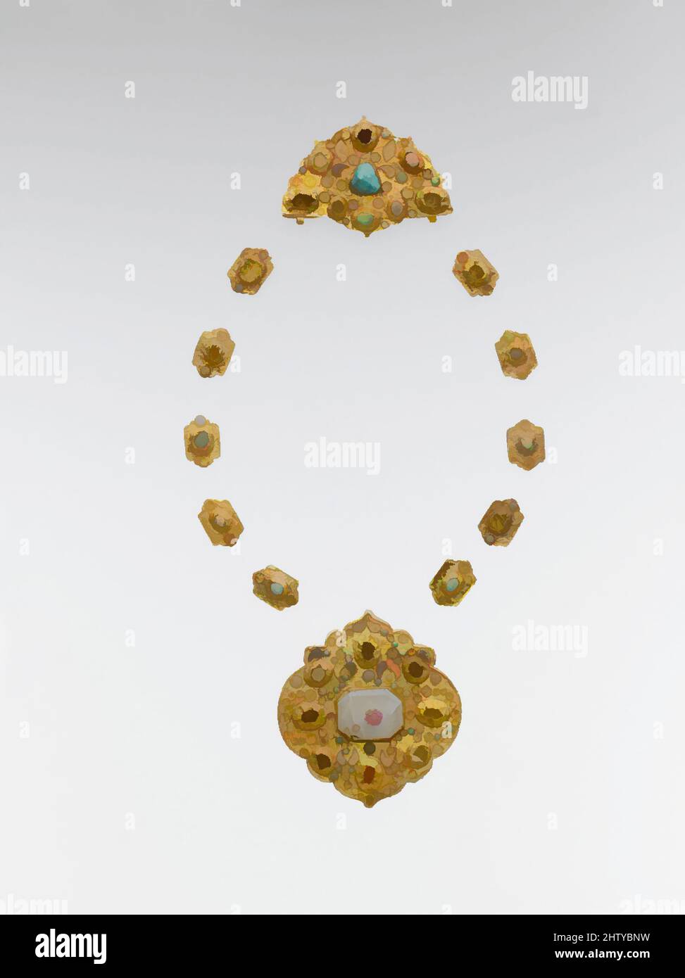 Art inspired by Jewelry Elements, late 14th–16th century, Attributed to Iran or Central Asia, Gold sheet; worked, chased, and set with turquoise, gray chalcedony, and glass, Large medallion: H. 2 7/8 in. (7.3 cm), Jewelry, Few examples of medieval Islamic jewelry survive, leaving, Classic works modernized by Artotop with a splash of modernity. Shapes, color and value, eye-catching visual impact on art. Emotions through freedom of artworks in a contemporary way. A timeless message pursuing a wildly creative new direction. Artists turning to the digital medium and creating the Artotop NFT Stock Photo