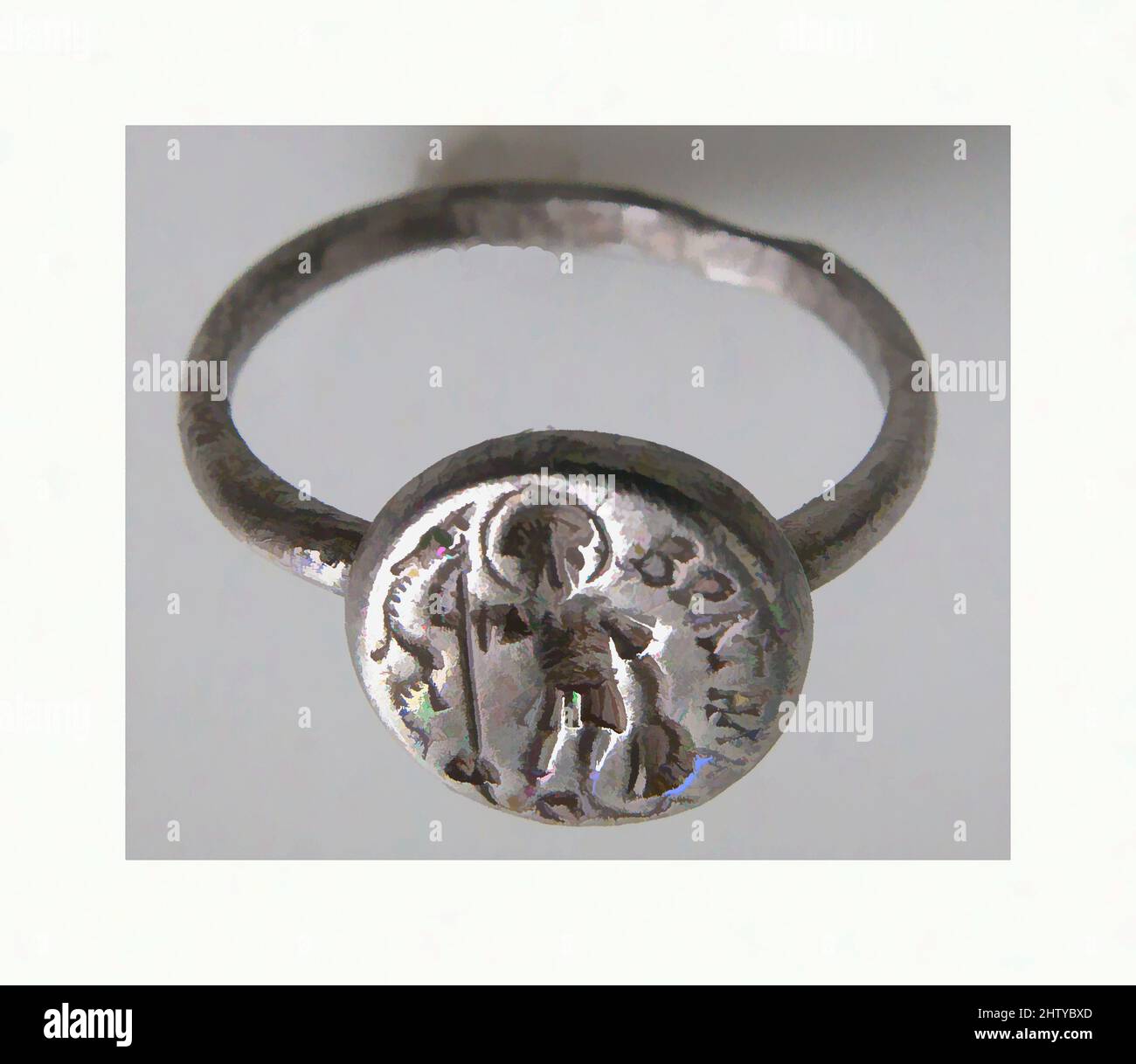 Art inspired by Seal Ring, 5th–6th century, Made in possibly Egypt, Silver shank, H. 9/16 in. (1.4 cm), Jewelry, Images like this one were adopted for Christian military saints, for instance, Theodore Stratelates. The soldier, a draconarius, holds a spear and stamps on a serpent, Classic works modernized by Artotop with a splash of modernity. Shapes, color and value, eye-catching visual impact on art. Emotions through freedom of artworks in a contemporary way. A timeless message pursuing a wildly creative new direction. Artists turning to the digital medium and creating the Artotop NFT Stock Photo