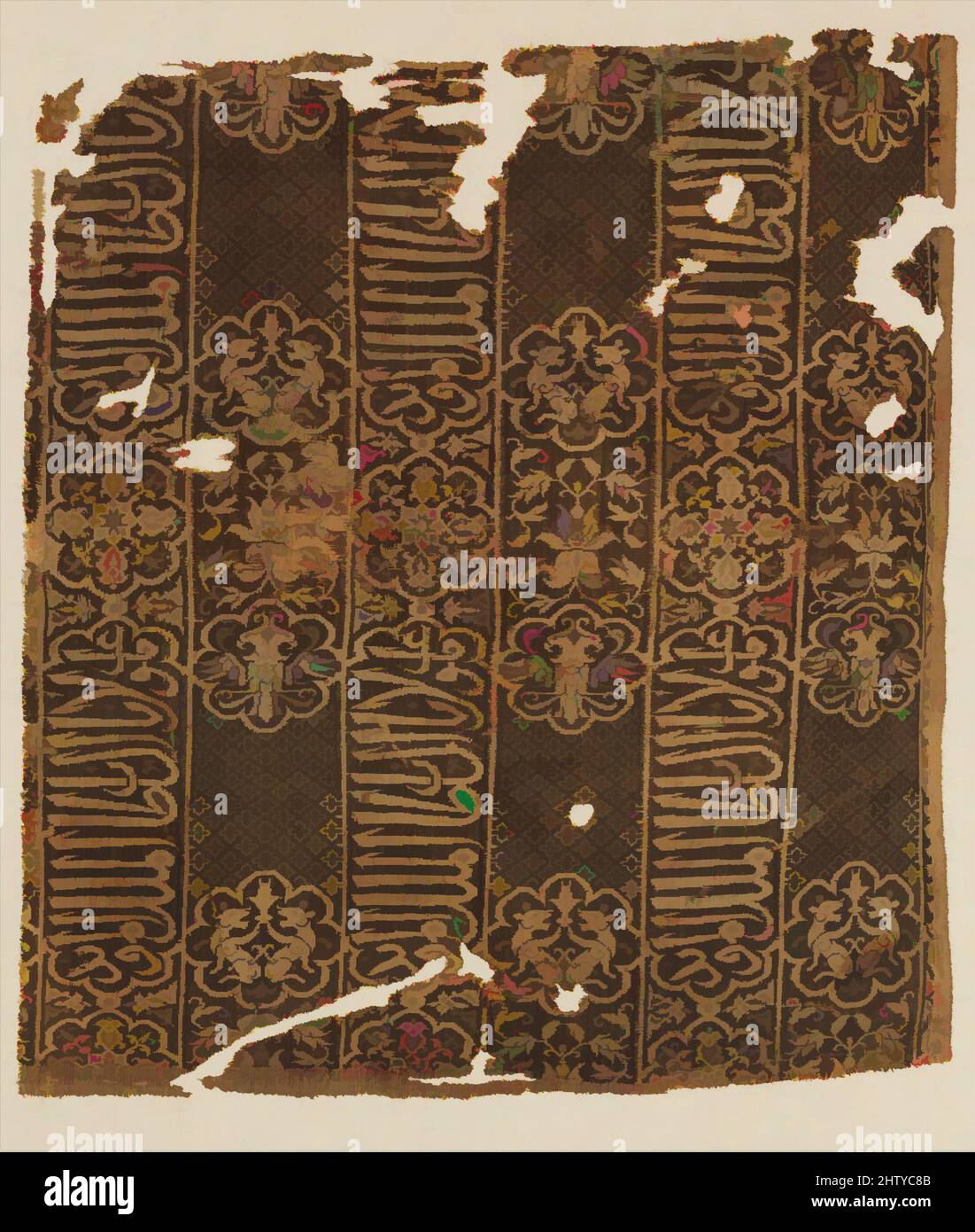 Art inspired by Fragment of a Coat, early 14th century, Attributed to Egypt, Silk; double weave, H. 20 1/4 in. (51.4 cm), Textiles-Woven, The repeated Arabic inscription in thuluth script is translated as 'Glory to our master the Sultan al Malik al Mu’ayyad.' This probably refers to, Classic works modernized by Artotop with a splash of modernity. Shapes, color and value, eye-catching visual impact on art. Emotions through freedom of artworks in a contemporary way. A timeless message pursuing a wildly creative new direction. Artists turning to the digital medium and creating the Artotop NFT Stock Photo