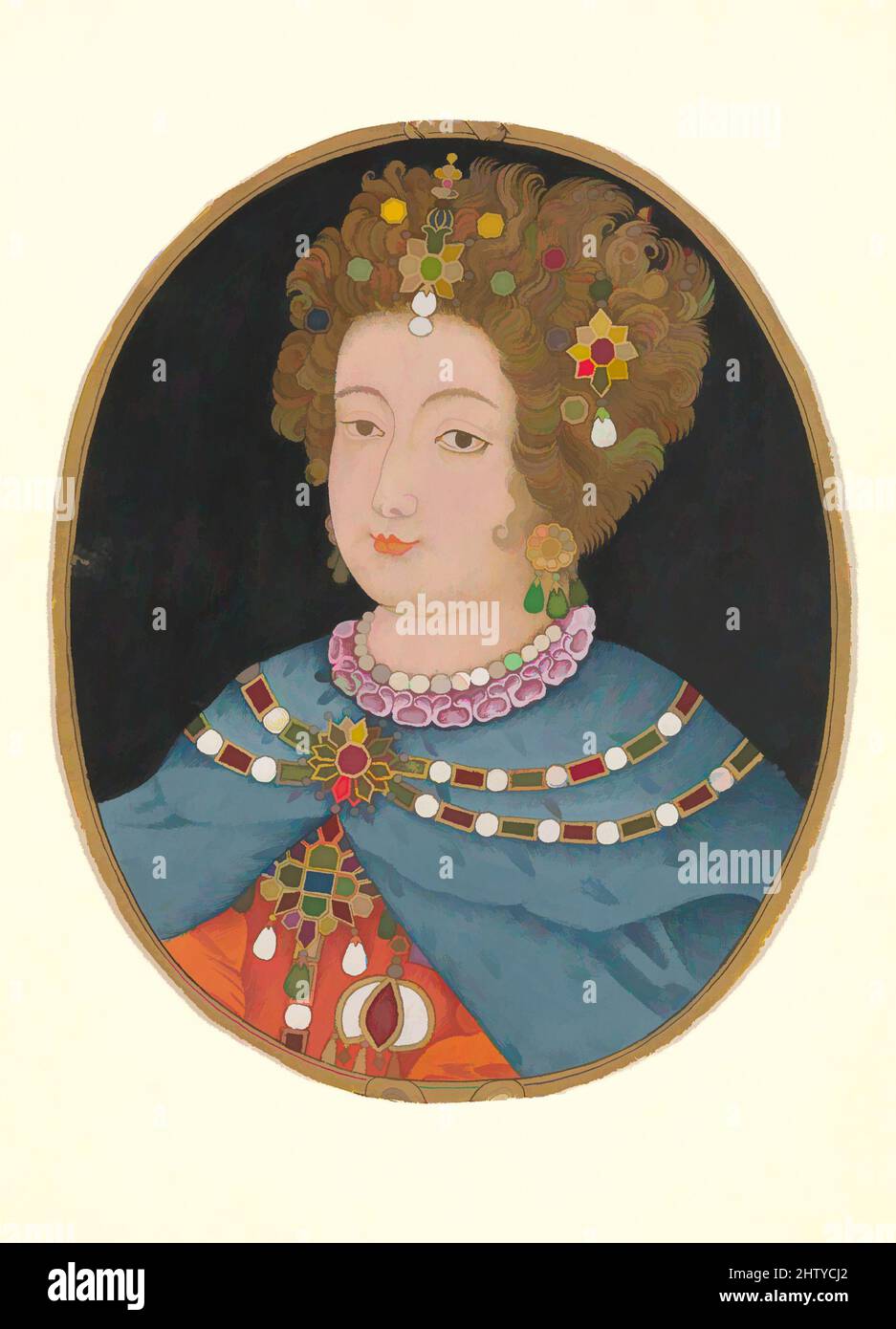 Art inspired by Lady in Elizabethan Costume, late 17th century, Country of Origin India, probably Lucknow, Opaque watercolor, gold, and silver on paper, H. 7 in. (17.8 cm), Codices, This image is probably based on a European engraving following a popular oval format. While the lady, Classic works modernized by Artotop with a splash of modernity. Shapes, color and value, eye-catching visual impact on art. Emotions through freedom of artworks in a contemporary way. A timeless message pursuing a wildly creative new direction. Artists turning to the digital medium and creating the Artotop NFT Stock Photo