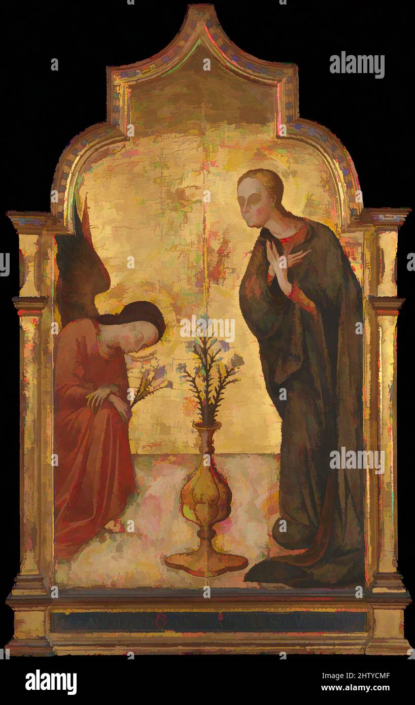 Art inspired by The Annunciation, ca. 1435, Tempera on wood, gold ground, Overall, with engaged (modern) frame, 30 x 17 1/8 in. (76.2 x 43.5 cm); painted surface 28 3/4 x 16 1/8 in. (73 x 41 cm), Paintings, Sassetta (Stefano di Giovanni) (Italian, Siena or Cortona ca. 1400–1450 Siena, Classic works modernized by Artotop with a splash of modernity. Shapes, color and value, eye-catching visual impact on art. Emotions through freedom of artworks in a contemporary way. A timeless message pursuing a wildly creative new direction. Artists turning to the digital medium and creating the Artotop NFT Stock Photo