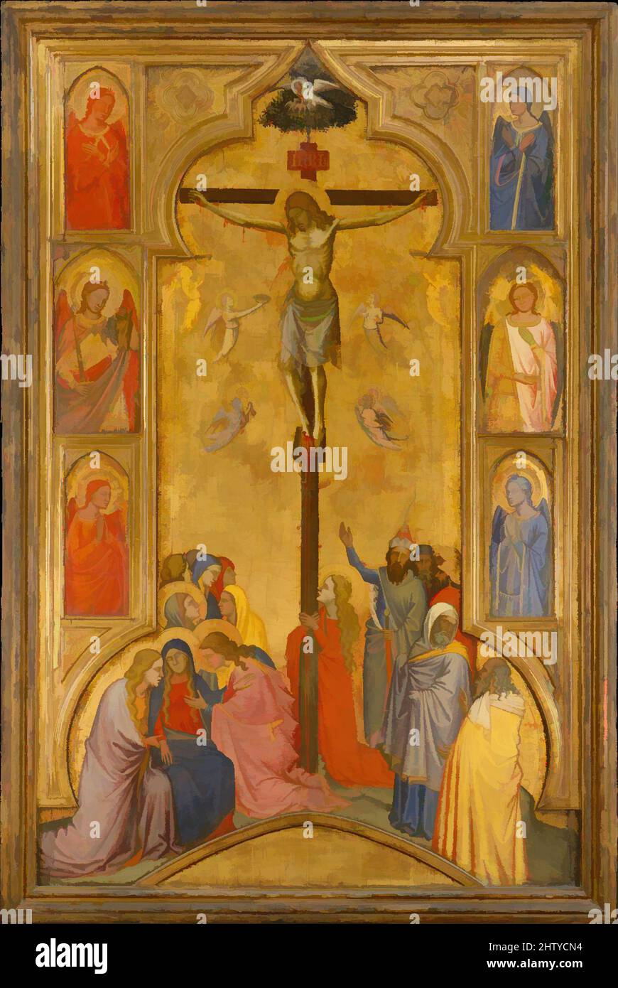 Art inspired by The Crucifixion, ca. 1365, Tempera on wood, gold ground, 54 1/8 x 32 1/4 in. (137.5 x 81.9 cm), Paintings, Andrea di Cione (Orcagna) (Italian, Florence 1315/20–1368 Florence), and workshop, The Crucifixion and the six half-length angels mounted within the frame are, Classic works modernized by Artotop with a splash of modernity. Shapes, color and value, eye-catching visual impact on art. Emotions through freedom of artworks in a contemporary way. A timeless message pursuing a wildly creative new direction. Artists turning to the digital medium and creating the Artotop NFT Stock Photo