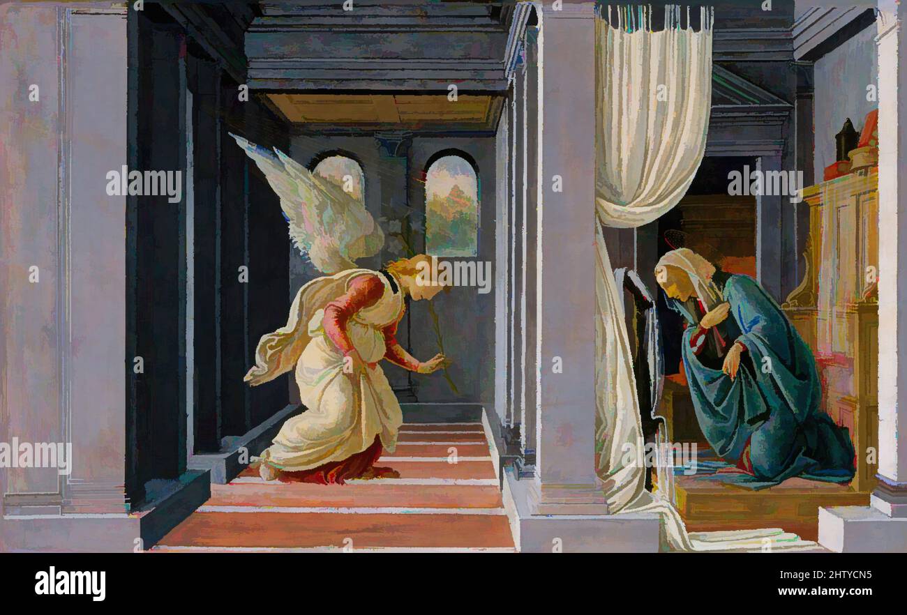 Art inspired by The Annunciation, ca. 1485, Tempera and gold on wood, 7 1/2 x 12 3/8 in. (19.1 x 31.4 cm), Paintings, Botticelli (Alessandro di Mariano Filipepi) (Italian, Florence 1444/45–1510 Florence, Classic works modernized by Artotop with a splash of modernity. Shapes, color and value, eye-catching visual impact on art. Emotions through freedom of artworks in a contemporary way. A timeless message pursuing a wildly creative new direction. Artists turning to the digital medium and creating the Artotop NFT Stock Photo