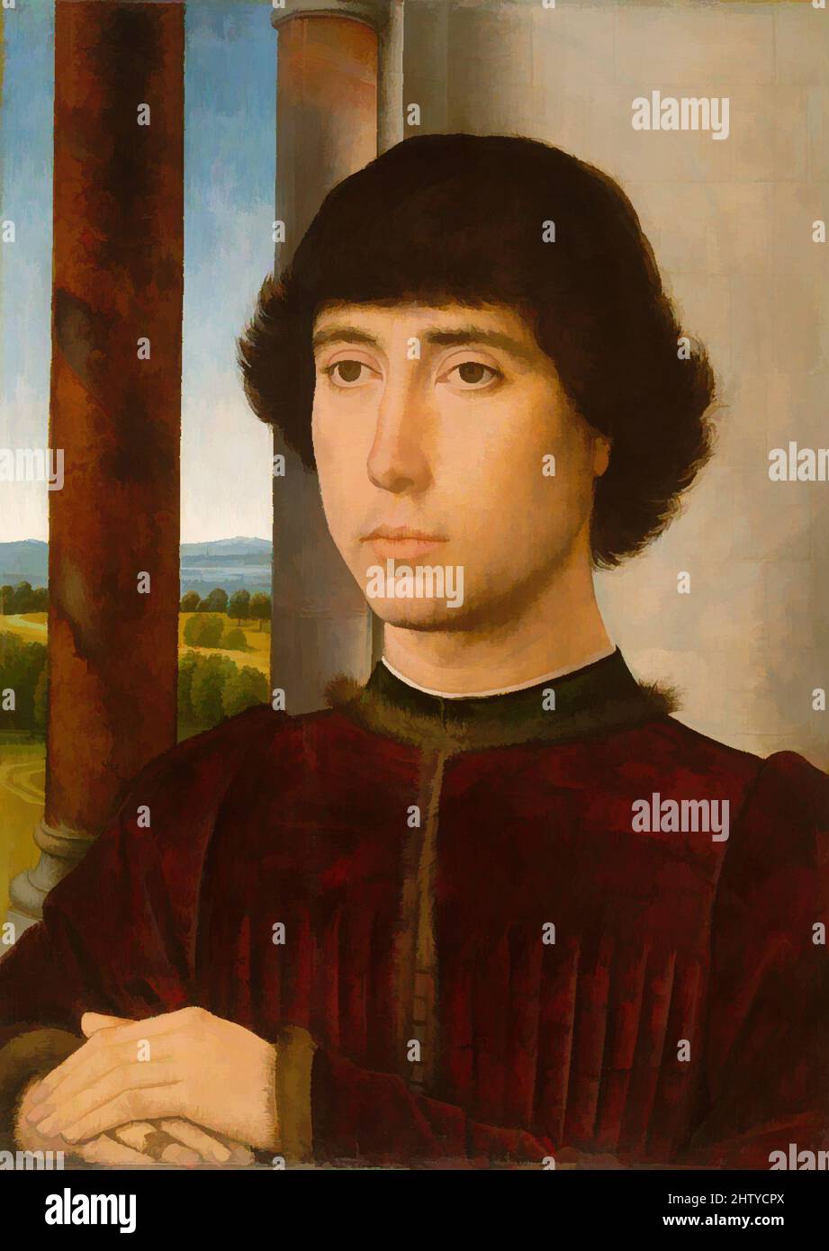 Art inspired by Portrait of a Young Man, ca. 1472–75, Oil on oak panel, Overall 15 3/4 x 11 3/8 in. (40 x 29 cm); painted surface 15 1/8 x 10 3/4 in. (38.3 x 27.3 cm), Paintings, Hans Memling (Netherlandish, Seligenstadt, active by 1465–died 1494 Bruges), One of the most sought-after, Classic works modernized by Artotop with a splash of modernity. Shapes, color and value, eye-catching visual impact on art. Emotions through freedom of artworks in a contemporary way. A timeless message pursuing a wildly creative new direction. Artists turning to the digital medium and creating the Artotop NFT Stock Photo