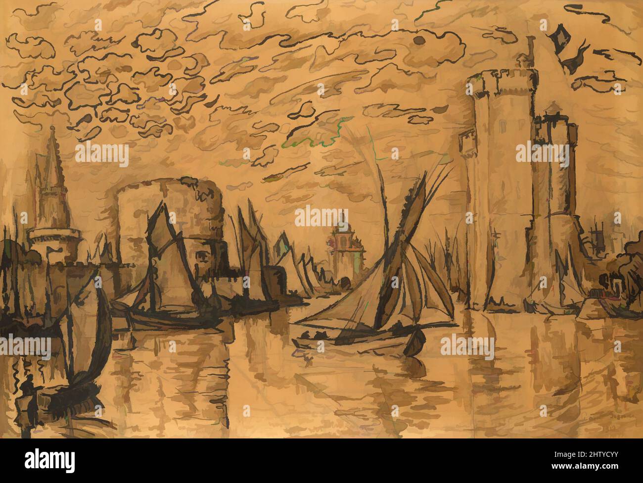 Art inspired by La Rochelle, 1912, Brush and China ink and brown wash, graphite, and charcoal, 27 9/16 x 39 3/8 in. (70 x 100 cm), Drawings, Paul Signac (French, Paris 1863–1935 Paris, Classic works modernized by Artotop with a splash of modernity. Shapes, color and value, eye-catching visual impact on art. Emotions through freedom of artworks in a contemporary way. A timeless message pursuing a wildly creative new direction. Artists turning to the digital medium and creating the Artotop NFT Stock Photo