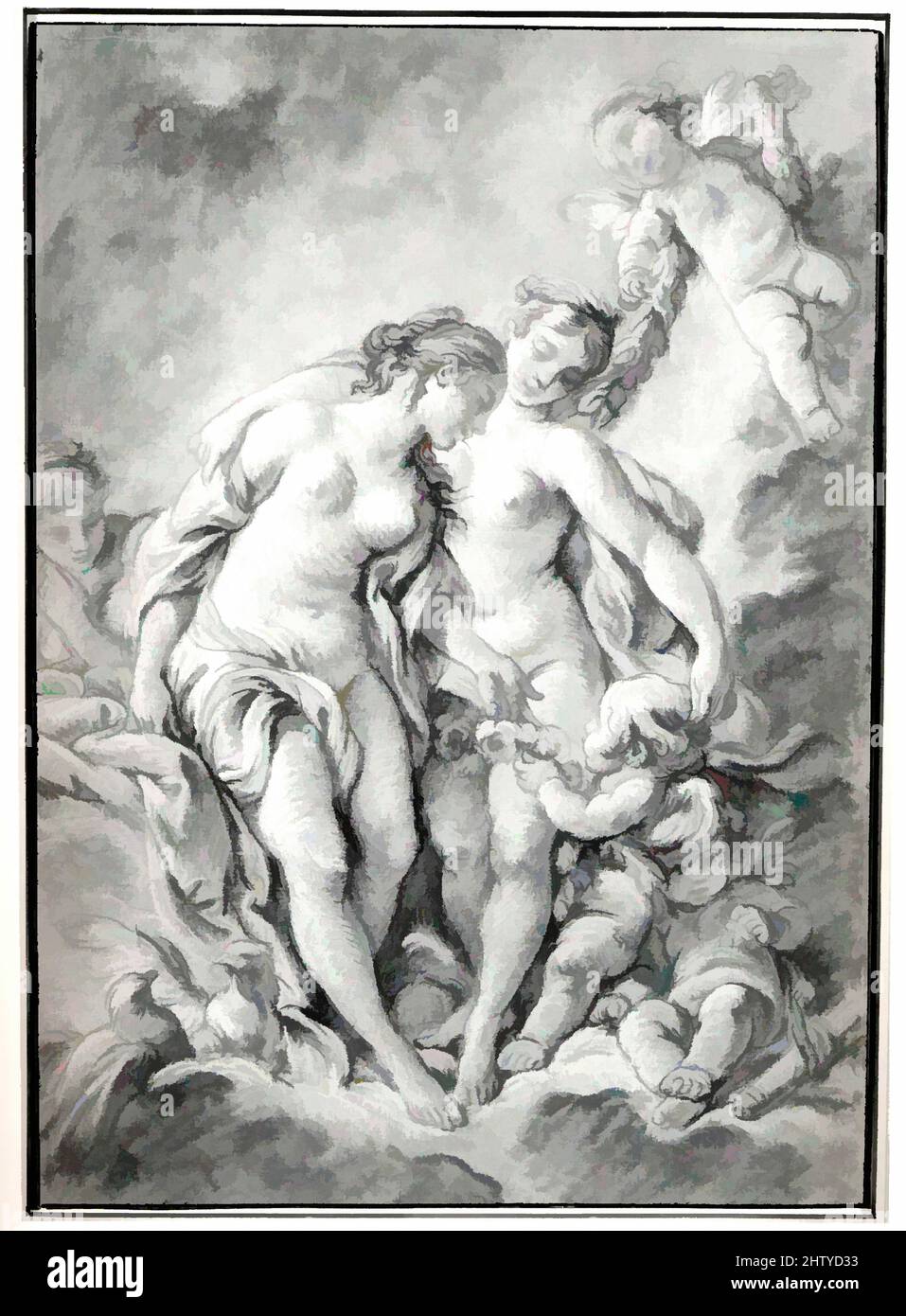 Art inspired by Nymphs and Cupids, ca. 1769, Black and white chalk, partially stumped, on tan paper., 13 1/8 x 9 3/16 in. (33.3 x 23.3 cm), Drawings, François Boucher (French, Paris 1703–1770 Paris, Classic works modernized by Artotop with a splash of modernity. Shapes, color and value, eye-catching visual impact on art. Emotions through freedom of artworks in a contemporary way. A timeless message pursuing a wildly creative new direction. Artists turning to the digital medium and creating the Artotop NFT Stock Photo